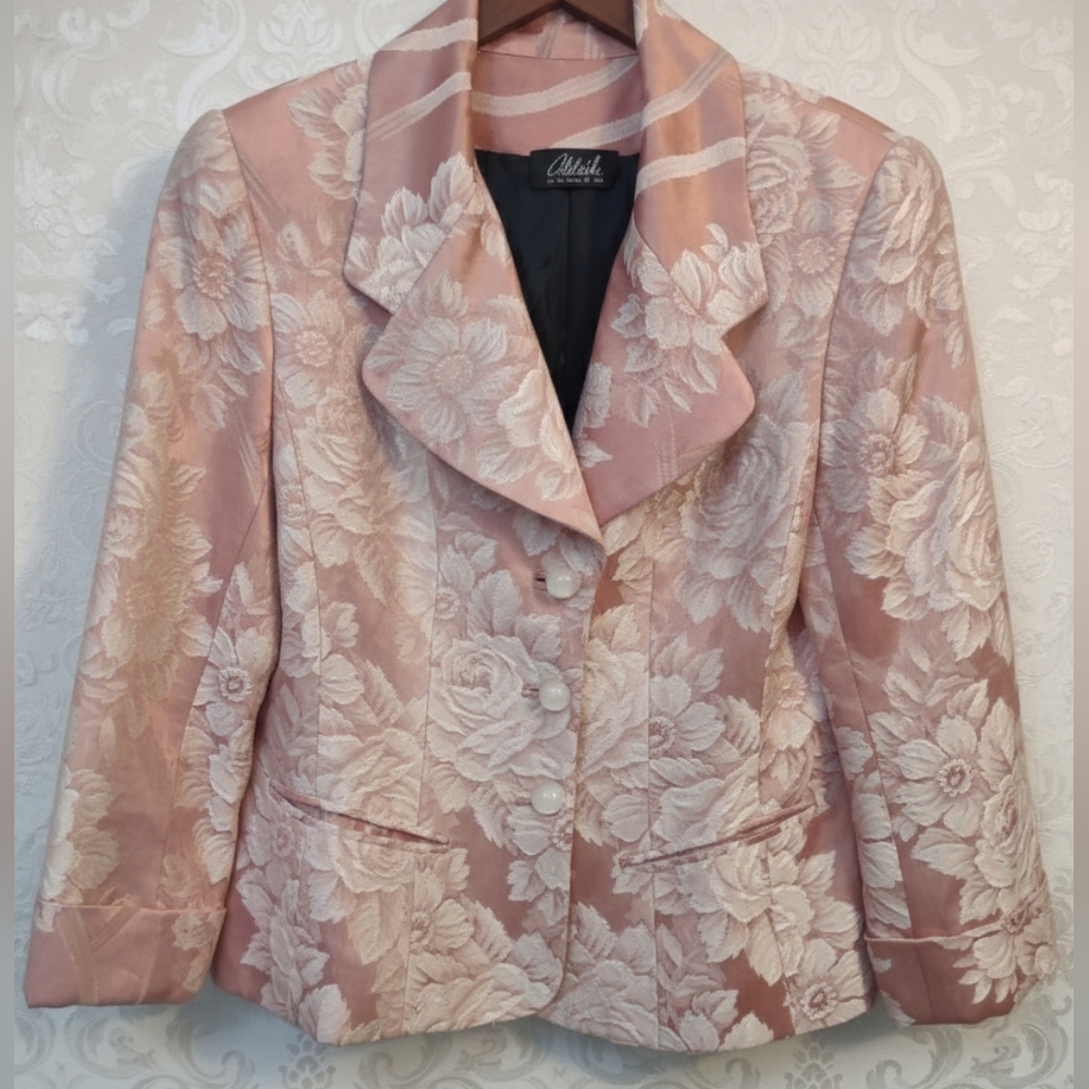 Vintage 80s Adelaide for TableWear Floral Brocade Blazer Jacket Pink Cream